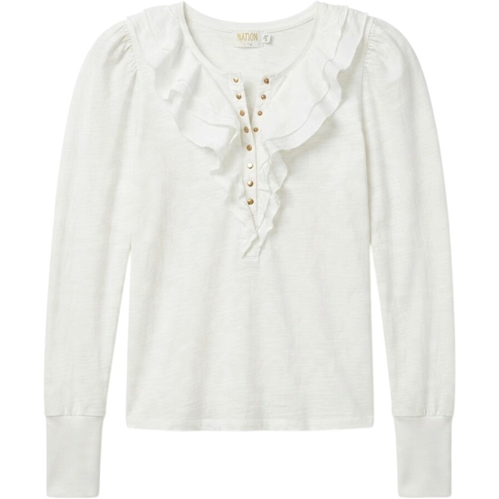 Nation LTD Ruffle Henley Top S Cream Puff Sleeve Slub Cotton Romantic Victorian